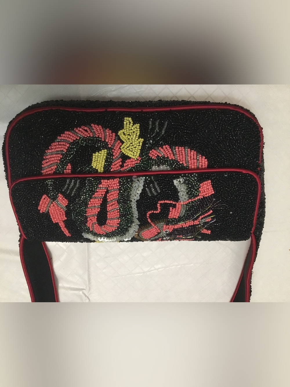 Beaded Black Shoulder Bag with Red Dragon Embroidery NO BRAND - Picture 5 of 15